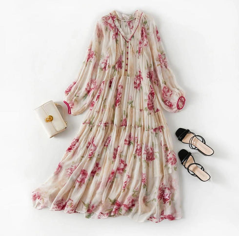 Summer Floral Print Long Sleeves Maxi Dress